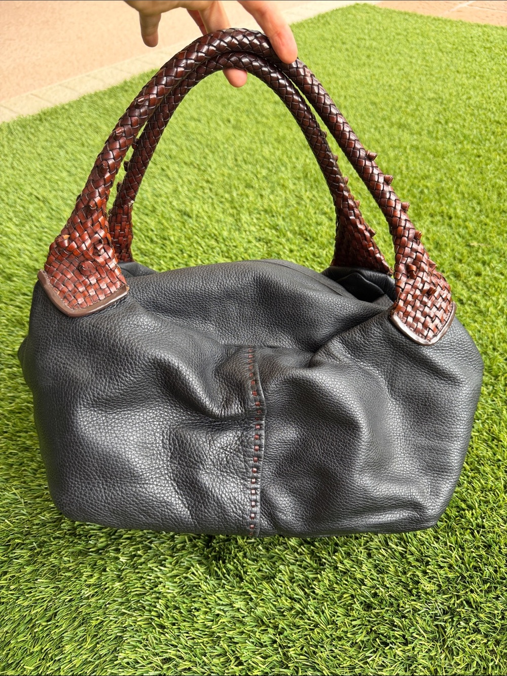 Paolo Masi Black Leather Shoulder Bag with Brown Braided Handles